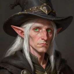 old male wood elf hermit, has short straight white hair and green eyes, rough pink skin, lean build, triangular cute face, wears a fancy hat, dnd character art portrait, matte fantasy painting, deviantart artstation, by jason felix by steve argyle by tyler jacobson by peter mohrbacher, cinematic lighting