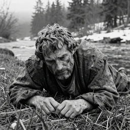 1 9 6 0 s movie still close up of marcus aurelius frozen tired and dirty crawnling at the side of a river in emperor clothes, grass, snowy, pine forests, cinestill 8 0 0 t 3 5 mm b & w, high quality, heavy grain, high detail, texture, dramatic light, anamorphic, hyperrealistic, detailed hair, foggy
