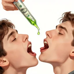 raised pipette filled with liquid dollar bills. green drop drips down into a man's mouth, digital illustration, detailed, artsy, talented