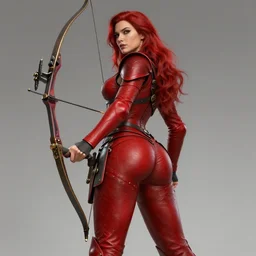 Female archer, dnd, d&d, leggins, red skintight leather armor, red hair, Low-Angle, visible face!, beautiful face!, alluring, D-cup, toned derriere, high fantasy, realistic, armfold!, extremely detailed, matte painting, by wlop and Frank Franzzeta, artstation, cgsociety
