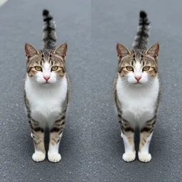 symmetrical photo of cat standing on asphalte