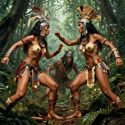 battle in jungle,  brutal  aztec and Amazonian females fight, epic, vintage, blood, slight inspiration of Boris vallejo and  apocalypto