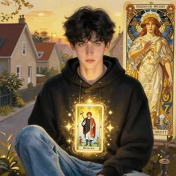 handsome young man with short black hair, light blue eyes, detailed neighbourhood background, magical atmosphere, tarot card, glowing, golden hour, wearing jeans and a black hoodie, realistic painting by ross tran and gerald brom and alphonse mucha, trending on artstation