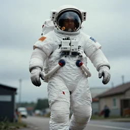 extreme low angle, white giant towering chubby american astronaut in spacesut with oversized helmet walking in legnica, movie still, bokeh, canon 5 0 mm, cinematic lighting, dramatic, film, photography, depth of field, award - winning, overcast, 8 k, 3 5 mm film grain
