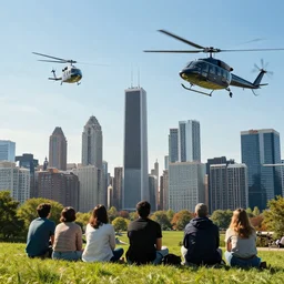 people sitting on a hill watching chicago with helicopters above the city, hyperdetailed, artstation, cgsociety, 8 k