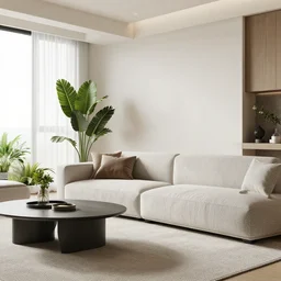 a modern indoor room clean architecture a couch a couch table some plants daylight peaceful 8 k octane render