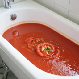 a white bathtub that is filled with tomato soup