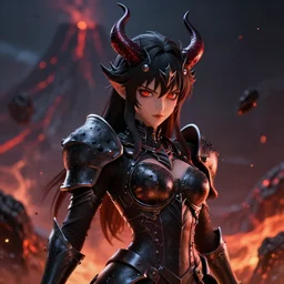 portrait focus of a very hot!!! demon 3D anime girl, Obsidian armor wearing, dark volcano background, ash falling, bokeh, inspired by Masami Kurumada, digital painting, high contrast, unreal engine render, volumetric lighting, high détail