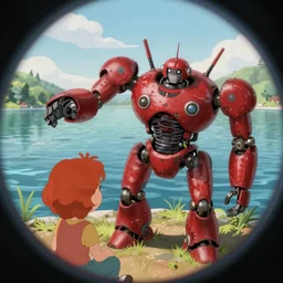 wholesome animation key shot, fish eye lens, intricate, redhead explore, broken red rusty robot schwerer gustav!!!!, lake, ambient occlusion, studio ghibli, pixar, disney concept art watercolor illustration by craig mullins, dean cornwell, nc wyeth, satoshi kon!