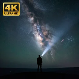 4K Epic Ultra HD detailed award-winning wallpaper silhouette of lonely man holding a flashlight looking at huge vast sky universe Milky Way aurora