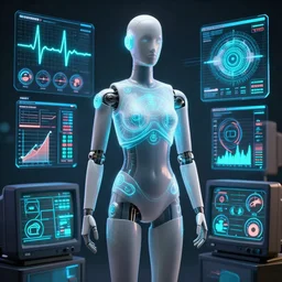 mannequin articulated body with graphs and charts, glowing vector, biosensors, electrocardiograph, temperature, eye tracking, detailed, octane render, global illumination, future science, gauges and dials, graphs, blender, octane render, crt, data
