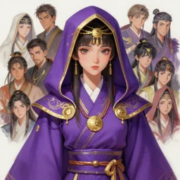 A beautiful digital painting of a beautiful young woman dressed in purple ceremonial robes and hood with gold accents, anime, visualartzi, Janapese, concept art by Karla Ortiz, James Paick, Charlie Bowater, Krenz Cushart, Stanley Artgerm Lau, WLOP, Rossdraws, James Jean, Andrei Riabovitchev, Marc Simonetti, and Sakimichan, trending on artstation
