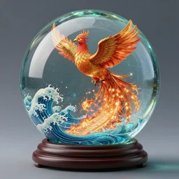 crystal ball, phoenix bird rising from the ashes inside, ocean waves below, studio ghibili, path traced, octane render, highly detailed, high quality, artgerm, hd, alphonse mucha, tom bagshaw
