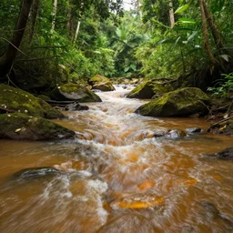 a high resolution photo of a river made of honey flowing through jungle, trending
