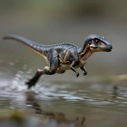 macro photo by national geographic of a tiny dinosaur running fast on water, fast shutter speed, motion blur, tiny gaussian blur, highly detailed, highly intricate, depth of field, low contrast, wide aperture, action photography