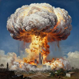 A gigantic Mushroom Cloud from a colossal Atomic explosion in Mumbai, by Bruce Pennington, by Wayne Barlowe, by Greg Rutkowski, oil on canvas, masterpiece, detailed, dynamic, cinematic composition, beautiful lighting, view from ground, trending on artstation, top on pixiv, 8K, no frames,