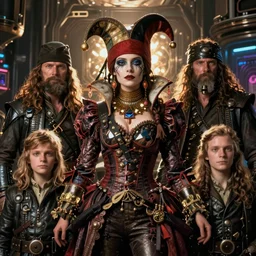 detailed ultrarealistic photography medium shot of fantasy pirate jester queen family cyberpunk postapocalyptic leyendecker, symmetric norman rockwell, ian miller, artstation cinematic, vray game of thrones, lord of the rings, star wars