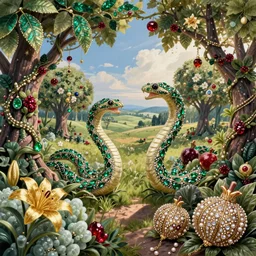 landscape of the jeweled serpents, emerald gemmed leaves, chains of vines and blossoming rubies, golden lilies adorning jade bushes. garnet and gold pomegranates, jeweled fruit with diamonds and pearls. Open sky countryside jeweled forest