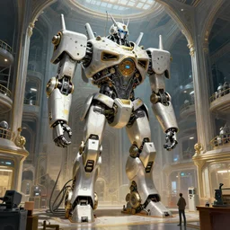 interior of a huge robot factory, intricate, elegant, highly detailed, digital painting, artstation, concept art, smooth, sharp focus, illustration, art by artgerm and greg rutkowski and alphonse mucha, 8 k
