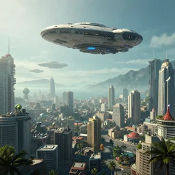 an atlantian ocean city with landing spaceship populated with aliens and people, haze, highly detailed hyper real retro, retro futuristic, volumetric lighting, artstation, unreal engine render 8 k greg rutkowski