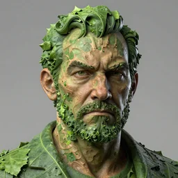( fred plays a stern middle aged man with strong cheekbones ) hyperrealistic close up studio portrait of green leafy fred with an oak texture and a fractal structure, hyperrealistic sculpture, trending on artstation 8 k shocking detail hard shadows
