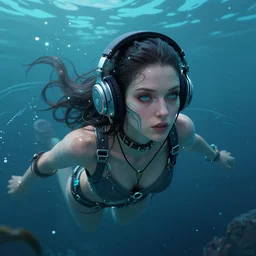 a woman with headphones floating in the water, cyberpunk art by cyril rolando, featured on deviantart, fantasy art, behance hd, deviantart, seapunk