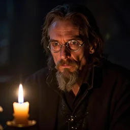 skinny, cautious, paranoid 7 0 years old alchemist ( ian mckellen with a long goatee and with scissor glasses ), looks around in a dark medieval inn. close up, dark shadows, colorful, candle light, law contrasts, fantasy concept art by jakub rozalski, jan matejko, and j. dickenson