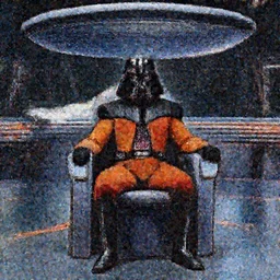 Scene from Star Trek The Next Generation showing the deck of the Starship Enterprise with Darth Vader from Star Wars, as the Captain, sitting in the captain's chair. concept art by Rick Sternbach, Michael Okuda, John Eaves