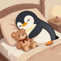 penguin sleeping in bed with a teddy bear, trending on artstation