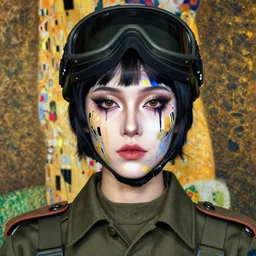 gender ambiguous person with extravagant abstract hilda at klimt makeup on face fused body parts military clothing combat visor, anime style, short hair mullet symmetrical facial features, from arknights hyper realistic 4 k, rule of thirds, extreme detail hd by alphonse mucha, greg rutkowski gottfried helnwein