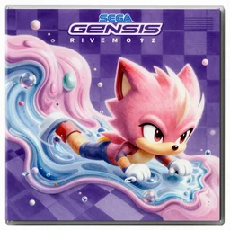 surreal, sharp, detailed professional, soft pastels, high quality airbrush art album cover of a liquid dissolving airbrush art lsd dmt sonic the hedgehog swimming through cyberspace, purple checkerboard background, 1 9 9 0 s 1 9 9 2 sega genesis rareware video game album cover