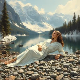 a painting of a beautiful woman in a white robe lying on pebbles by a beautiful lake in a virgin forest with snowy mountains in the background, in the style of rosa bonheur, amazing detail, realistic, award winning