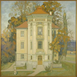 a beautiful painting of a building in a serene landscape by Alphonse Mucha