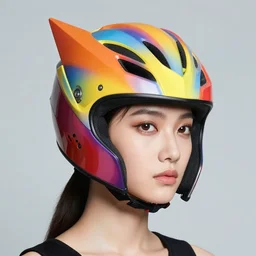 Vibrantly colored angular helmet worn by a fashion model