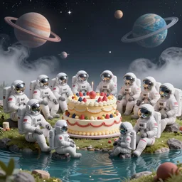 twelve astronauts sitting by the river with a big holiday cake + octane render + planets and stars + mystical fog, super detail, high quality