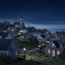 in the style of gerald brom, caravaggio, beautiful small new england town, houses and buildings, vampires slinking around, night, stars, ocean in the distance, light mist