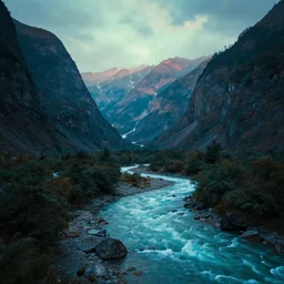 breathtaking landscape of mountains standing in a river, cinematic, neon color palette, 4 k, wallpaper 4 k, detailed photo, natural lighting, cinematic lighting, global illumination