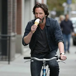 Keanu Reeves eating ice cream and riding a bicycle