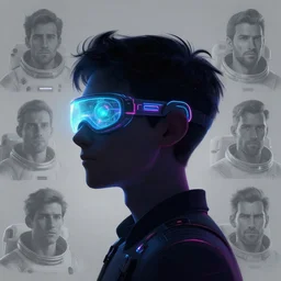 pixar character silhouette side view future coder man, stylized cyclops display over eyes and sleek glowing headset, neon accents, holographic colors, desaturated headshot portrait digital painting by leyendecker, donato giancola, philip coles, ivan bilibin, john berkey, astronaut cyberpunk electric lights profile