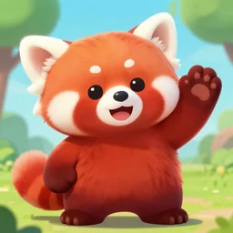 friendly cartoon red panda waving hand, game art, arstation