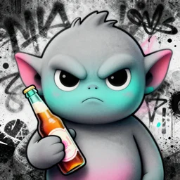 detailed closeup portrait of grey cute wojak goblin holding bottle of beer, in the style of rob lefield and dan mumford, epic gradient, by atey ghailan, by greg rutkowski, by greg tocchini, by james gilleard, by joe fenton, by kaethe butcher, gradient pink turquiose, black and white color scheme, grunge aesthetic, graffiti tag