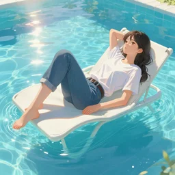 girl relaxing in jeans and a t - shirt on a floating pool chair, sunny, bright, reflections, intricate, sharp focus, lens flare, bloom, illustration, highly detailed, digital painting, concept art, matte, art by ruan jia and wlop and greg rutkowski, masterpiece