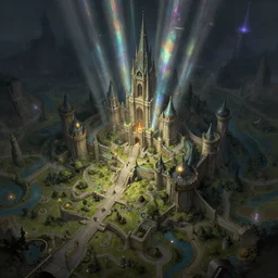 an intricate matte painting of An epic stronghold crusader planescape map, highly detailed iridescent dimly lit exterior with shafts of iridescent light bouncing off magical realms, by Christophe Vacher and Bastien Lecouffe-Deharme, trending on artstation