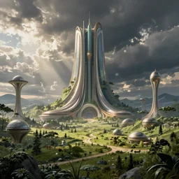 retro futurism, solarpunk, biopunk, naturecore, artwork by roger dean, by dean ellis