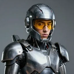 young eminem wearing a futuristic mechanical helmet with amber eye reflective lenses, and full body armor.
