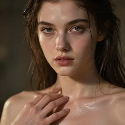 epic masterpiece young emanuelle beart sweaty skin, hyperrealistic, octane render, cinematic, beautiful face and flawless skin, perfect hands, 5 fingers, by edgar maxence and ross tran and michael whelan, legends of runeterra