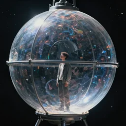 a young man alone in an enormous transparent spherical capsule in the middle of outer space, digital art