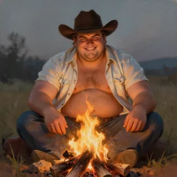 a dramatic, ethereal painting of a handsome thicc chunky mischievous cowboy smirking with an open shirt sitting behind a campfire at night with food and jugs of whisky | tarot!! card, art deco, art nouveau | by Mark Maggiori | trending on artstation