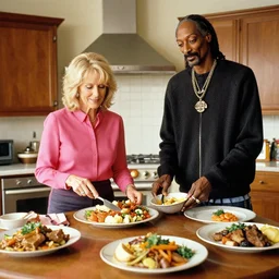 wide shot photoshoot of martha stewart preparing a meal for her friend snoop dogg, 8 k, photorealistic