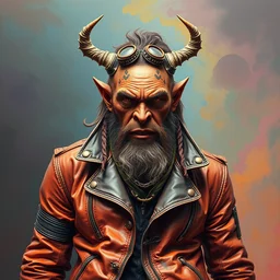 an apocalyptic scifi orcish biker character, fashionable standing pose, professional photo, psychedelic vibrant colors, futuristic punk rock fashion, highly detailed oil painting by michael whelan art, perfect face, sharp focus, detailed eyes, realistic, leather jacket, 8 k, michael whelan art